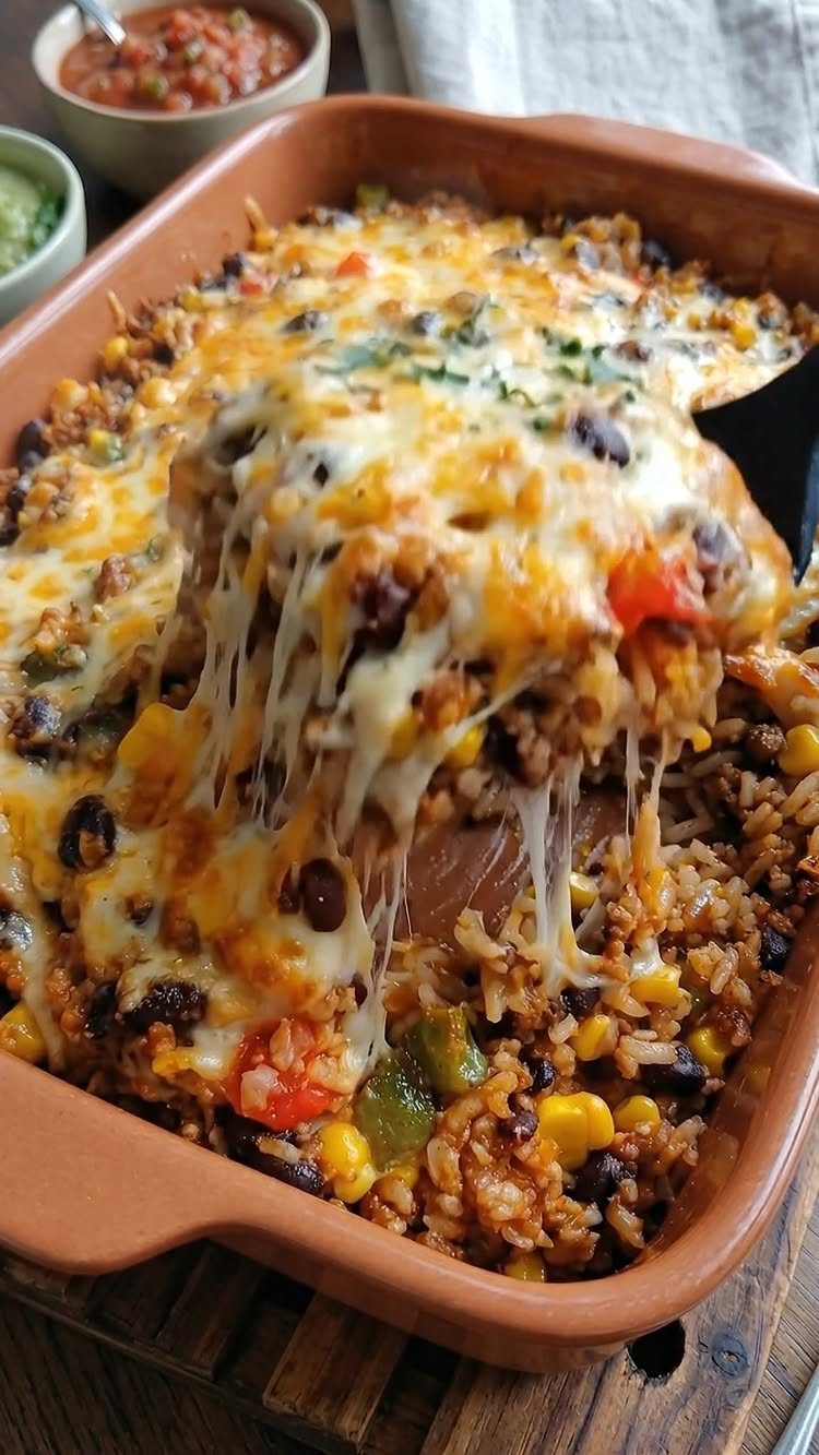 14 Ground Beef Recipes Using Few Ingredients for Low-Stress Weeknights 7 Melted cheese stretches from a warm taco casserole containing rice, beans, corn, and peppers.
