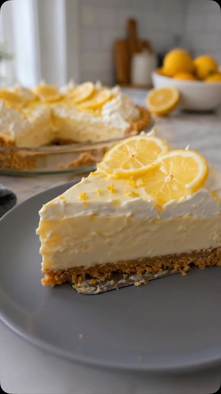 A slice of lemon cream pie with whipped cream and lemon slices on a grey plate.