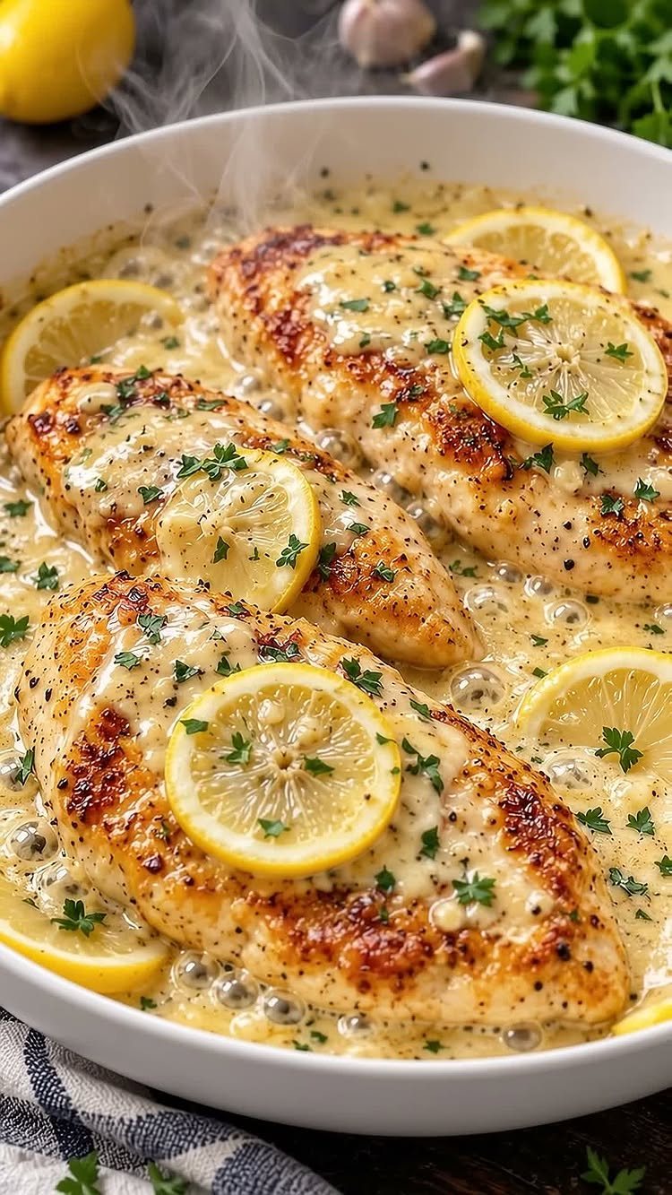 Pan-seared chicken breasts in a creamy lemon garlic sauce with lemon slices and parsley.