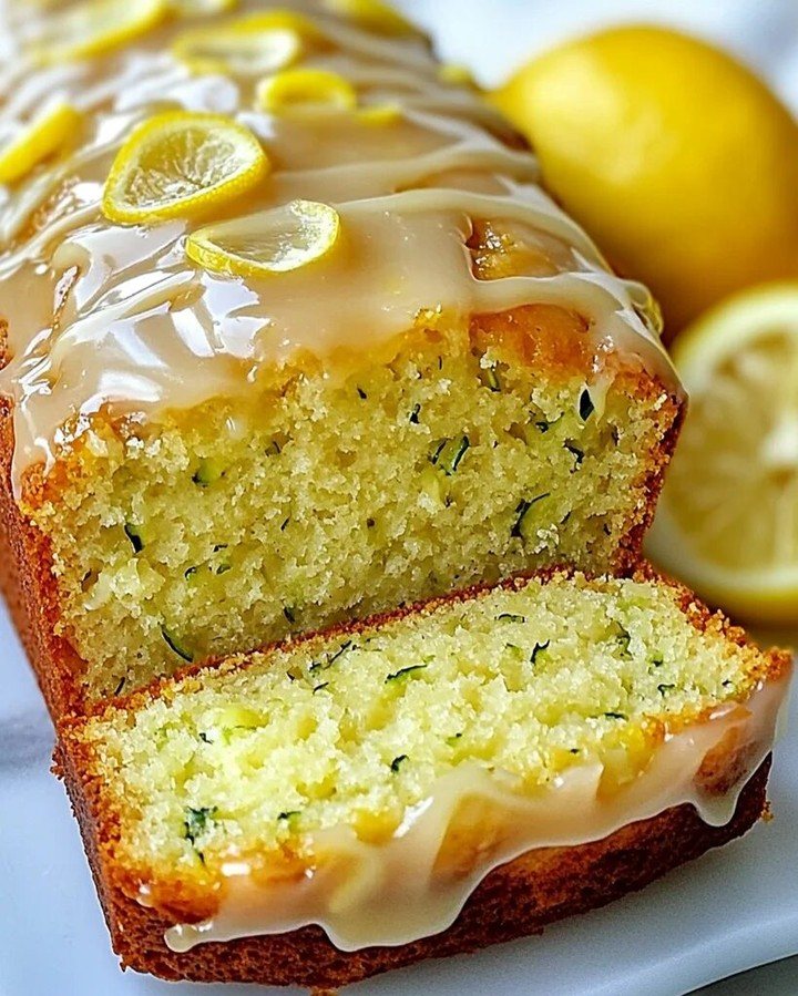 Sliced lemon zucchini bread with white glaze and lemon slices on a white surface.
