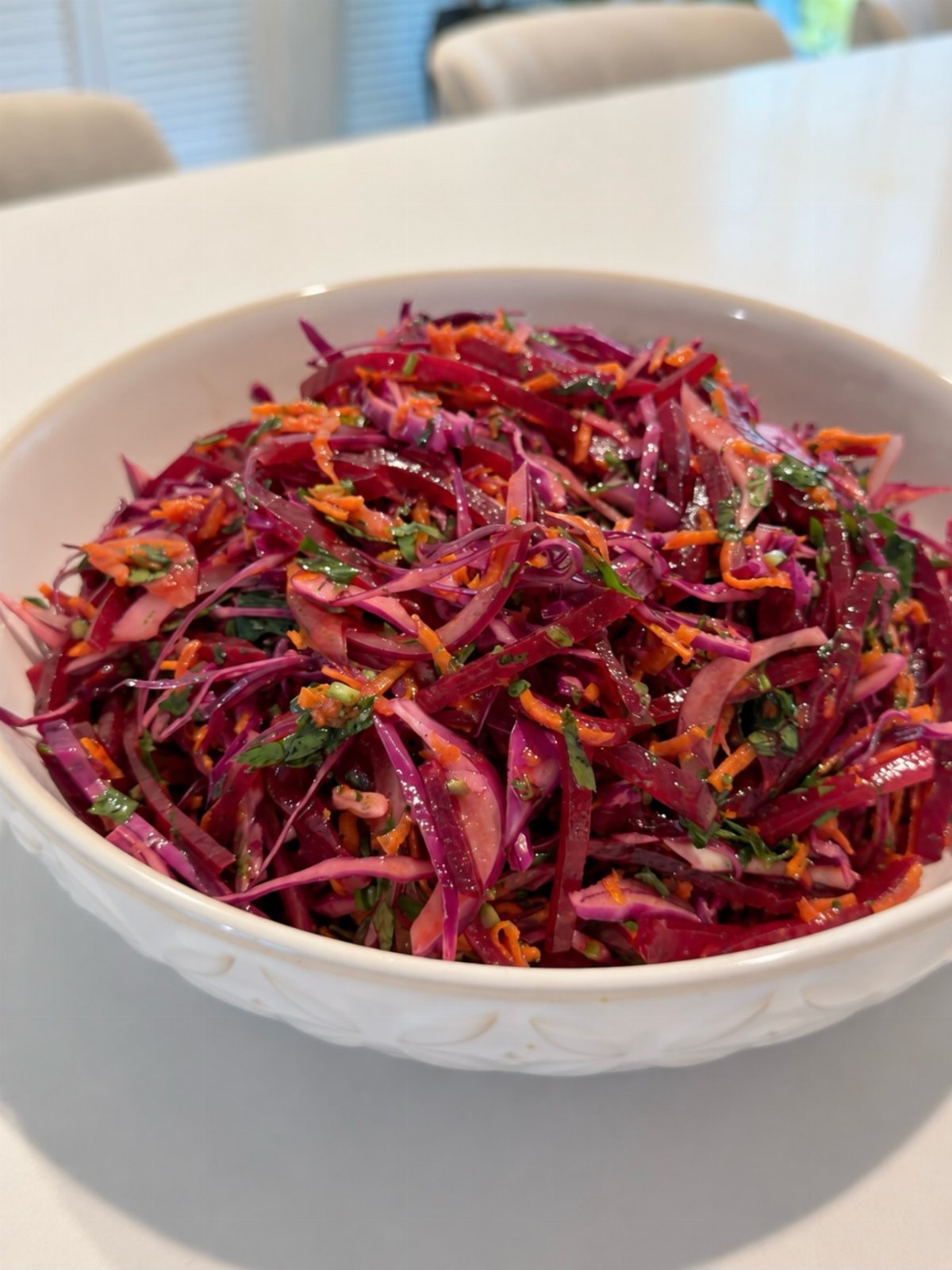 Shredded red cabbage and carrot salad with green herbs in a white bowl.