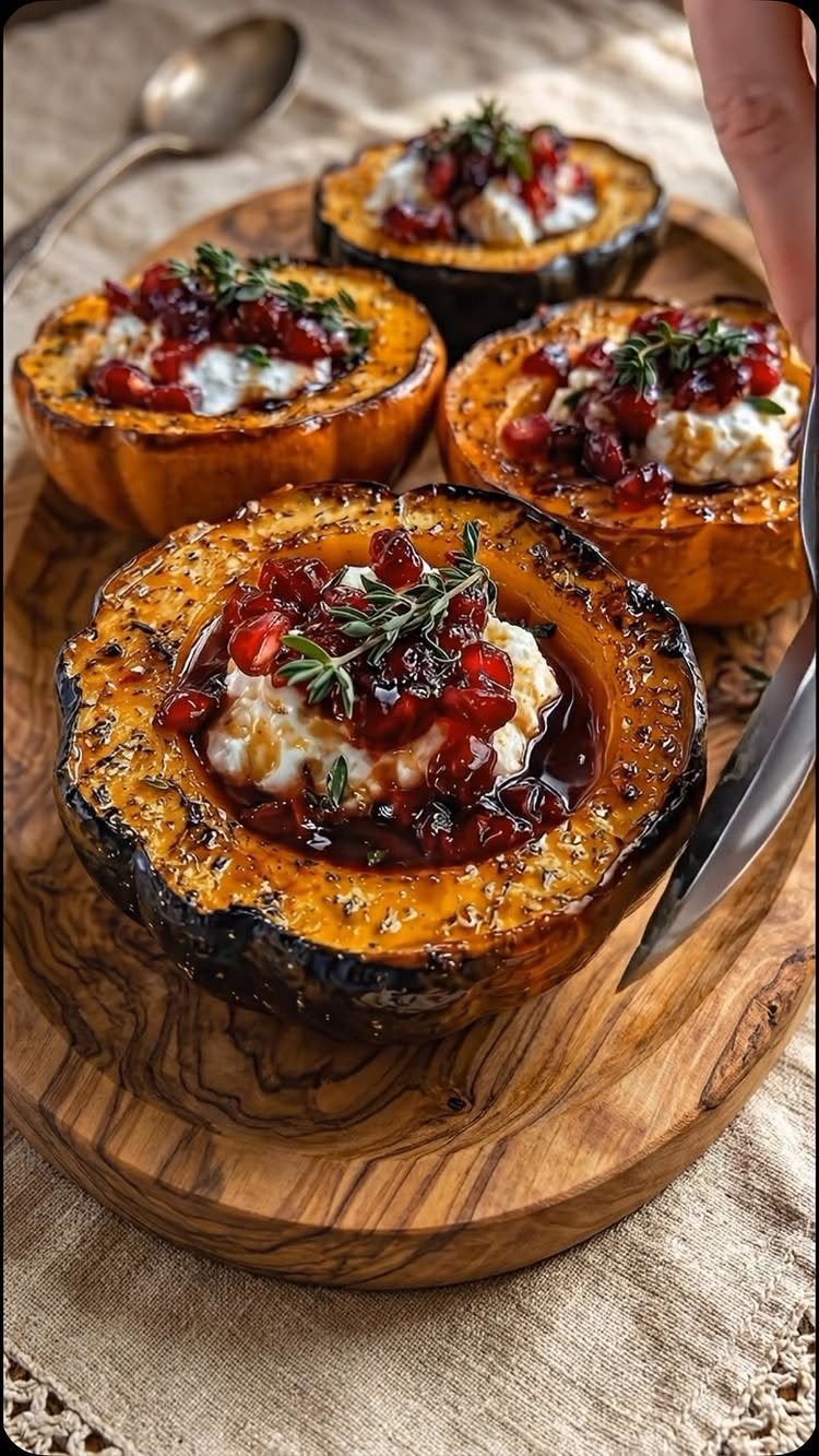Roasted acorn squash halves filled with cheese, pomegranate seeds, and thyme on a wooden platter.