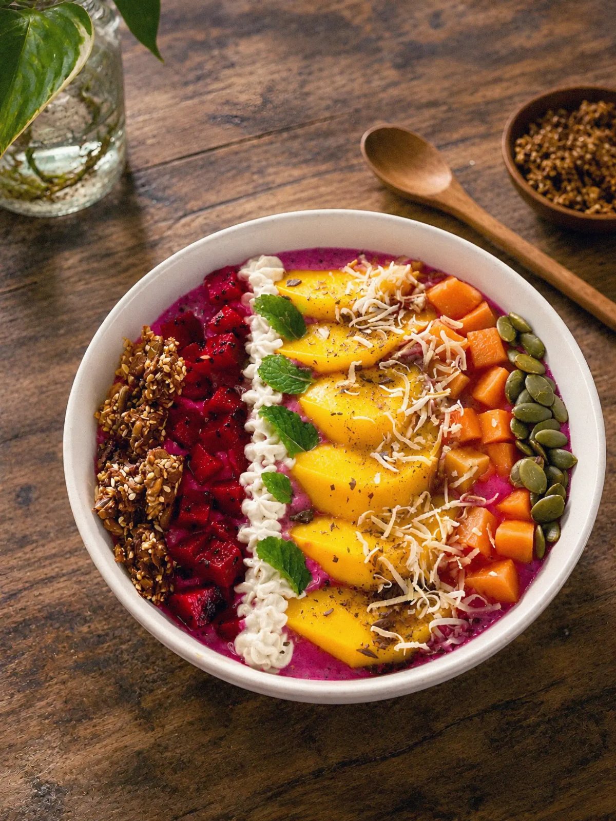 13 Smoothie Bowl Recipes with Photos for Every Morning 6 A bright pink dragon fruit smoothie bowl topped with mango, papaya, coconut, and seeds on a wooden table.