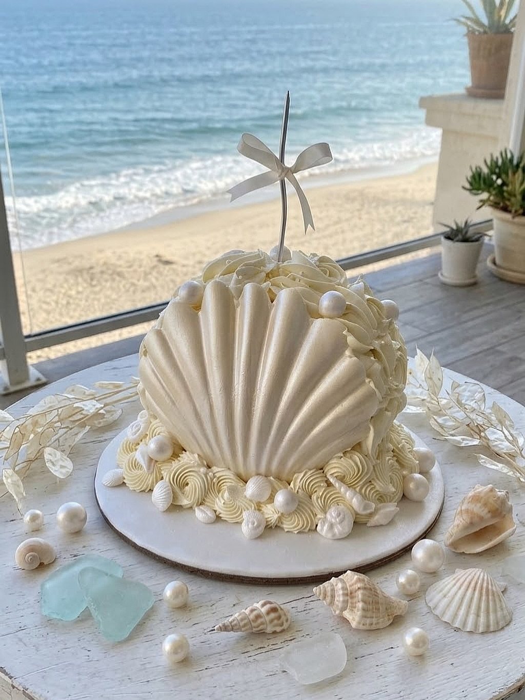 8 Undersea Cake Ideas From Fondant Reefs to Jellyfish Buttercream 4 A white seashell and pearl decorated cake sitting on a table overlooking the ocean beach.