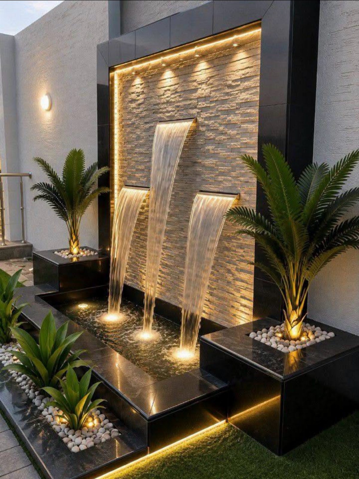 10 Backyard Fountain Ideas for Patios, Walls & Small Spaces 9 Three illuminated water streams cascading from a textured stone wall into a dark basin surrounded by plants.