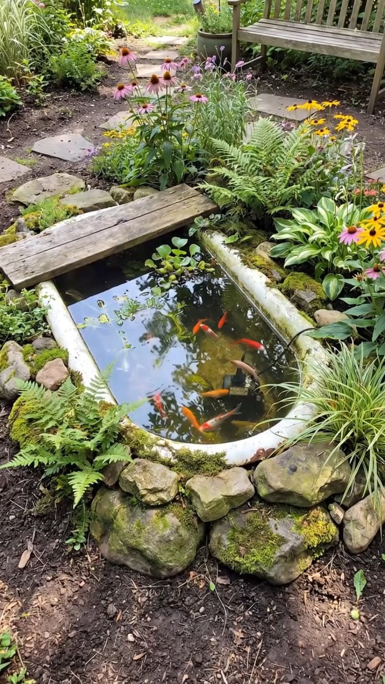 10 Backyard Pond Ideas That Bring Water, Sound and Life to Your Yard 8 An old white bathtub filled with water and orange koi fish, surrounded by rocks and garden plants.