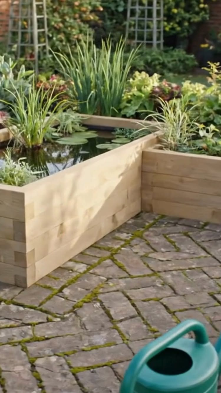 10 Backyard Pond Ideas That Bring Water, Sound and Life to Your Yard 4 A rectangular wooden raised pond with aquatic plants and lily pads in a lush garden.