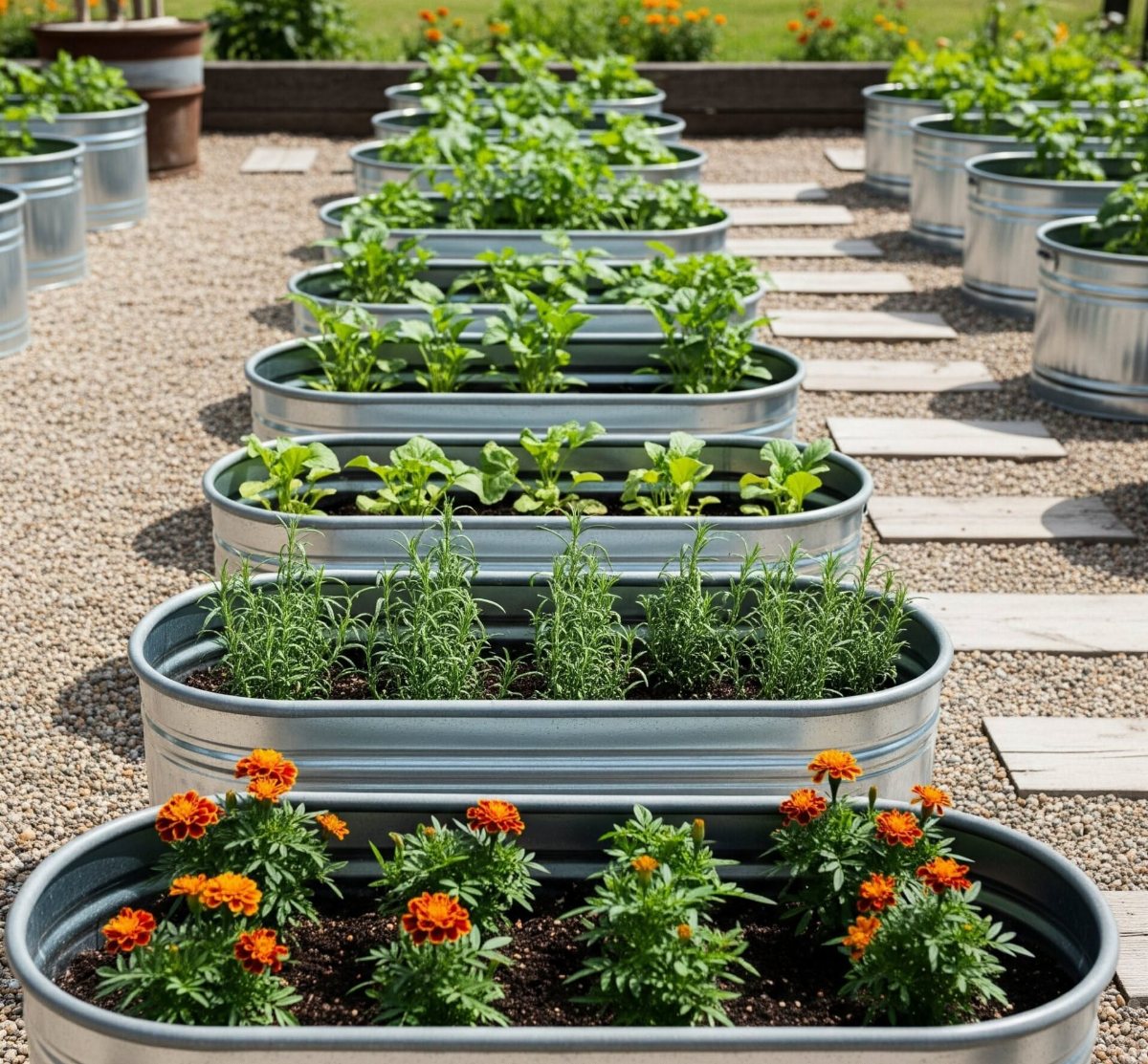 12 Container Garden Ideas for Small Patios, Balconies & Rooftops 4 Galvanized metal planters with green and orange plants arranged on gravel with wooden stepping stones.