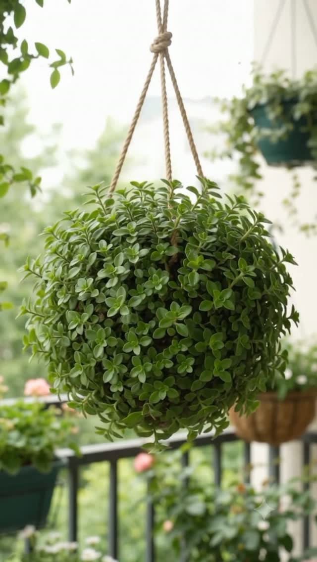 12 Container Garden Ideas for Small Patios, Balconies & Rooftops 9 A dense, green spherical plant hanging in a rope basket on a balcony.