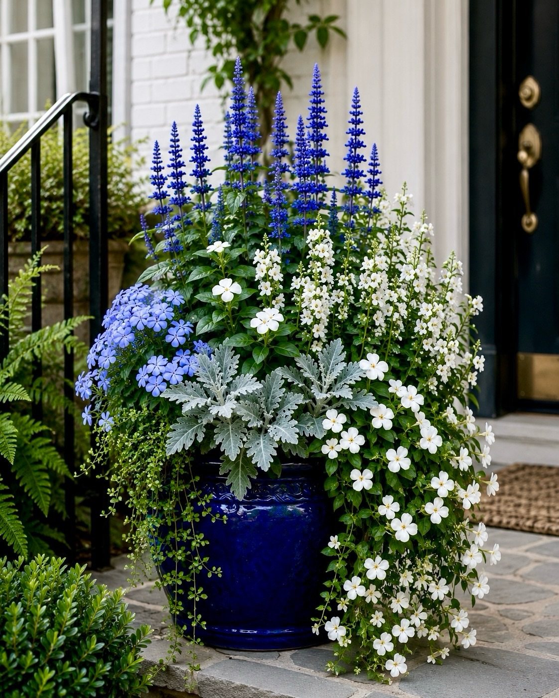 12 Container Garden Ideas for Small Patios, Balconies & Rooftops 2 Blue ceramic container filled with tall blue salvia, white flowers, and silvery foliage on a stone patio.