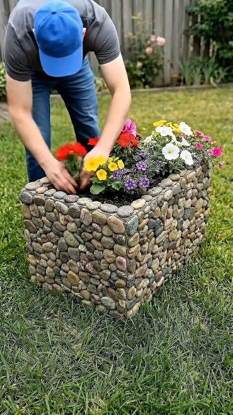12 Container Garden Ideas for Small Patios, Balconies & Rooftops 8 A person planting colorful flowers into a large rectangular container made of river stones on grass.