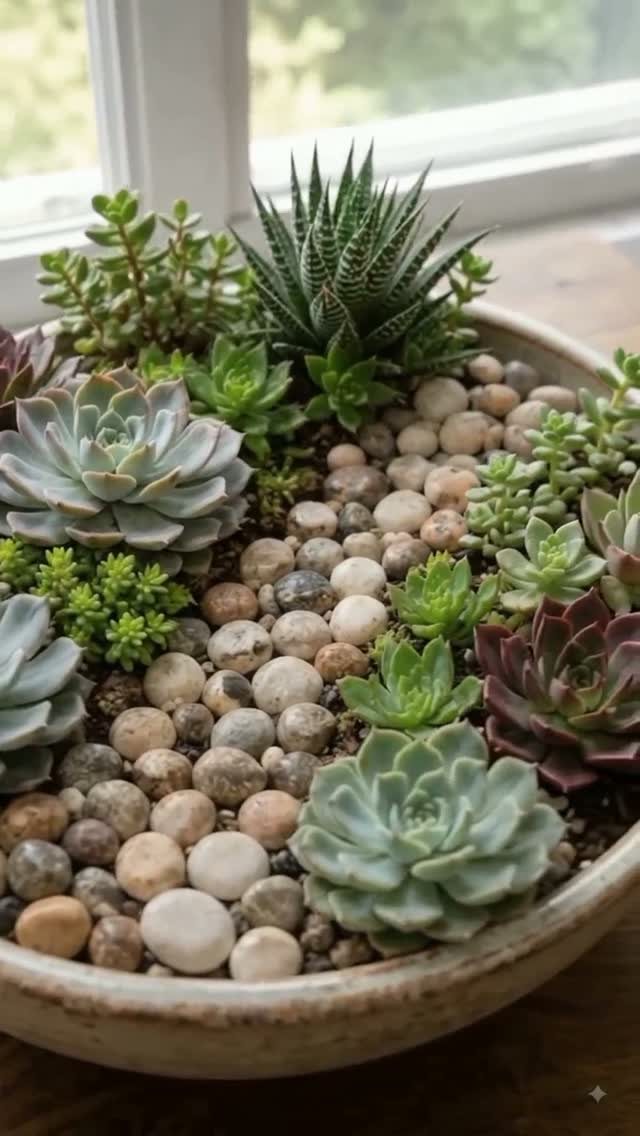12 Container Garden Ideas for Small Patios, Balconies & Rooftops 6 Various succulent plants and smooth river stones arranged in a shallow ceramic bowl.