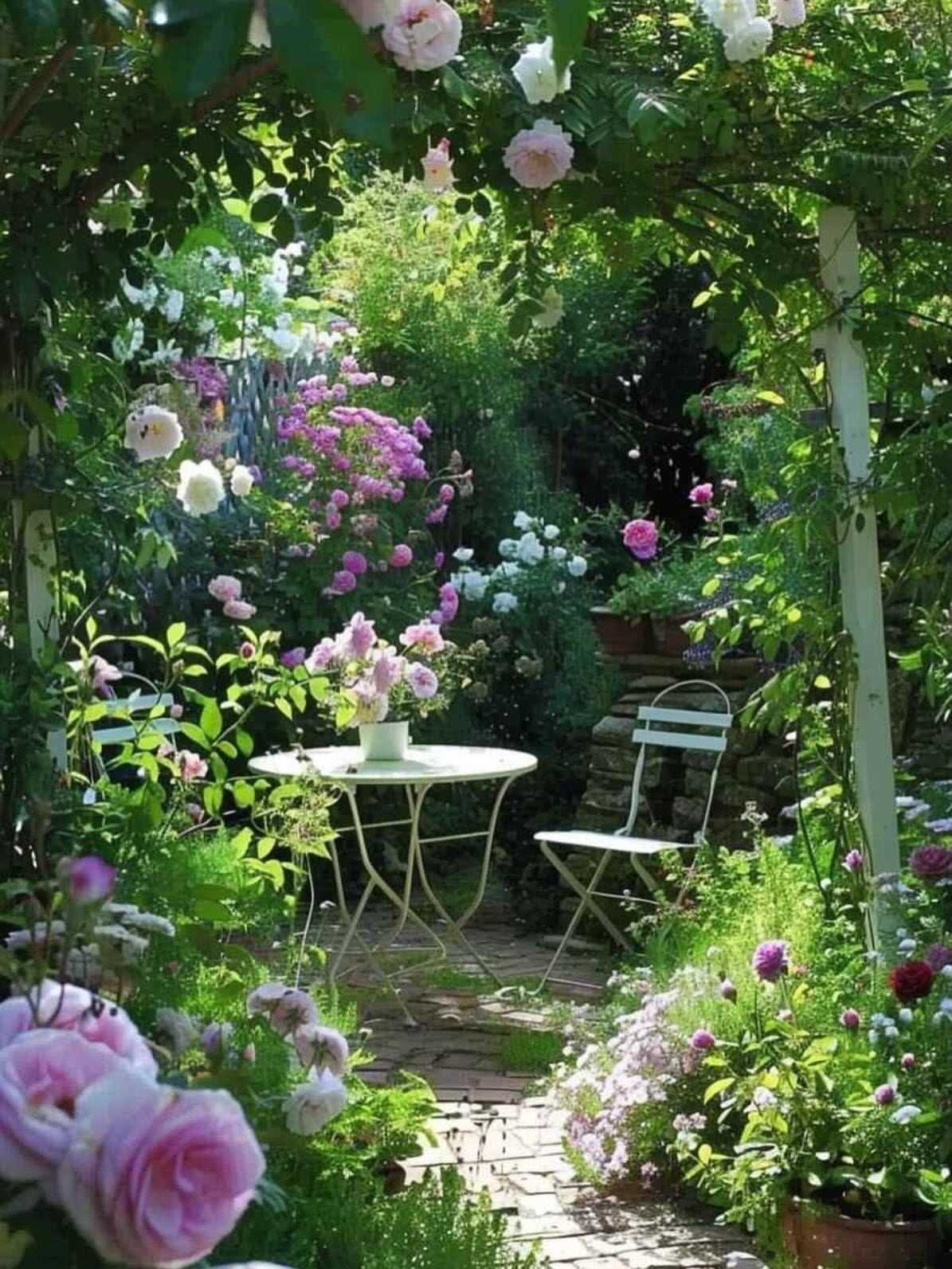 14 Cottage Garden Ideas for Color, Curves, and Country Charm 5 Pink and white roses climbing over a garden structure surrounding a white bistro set.