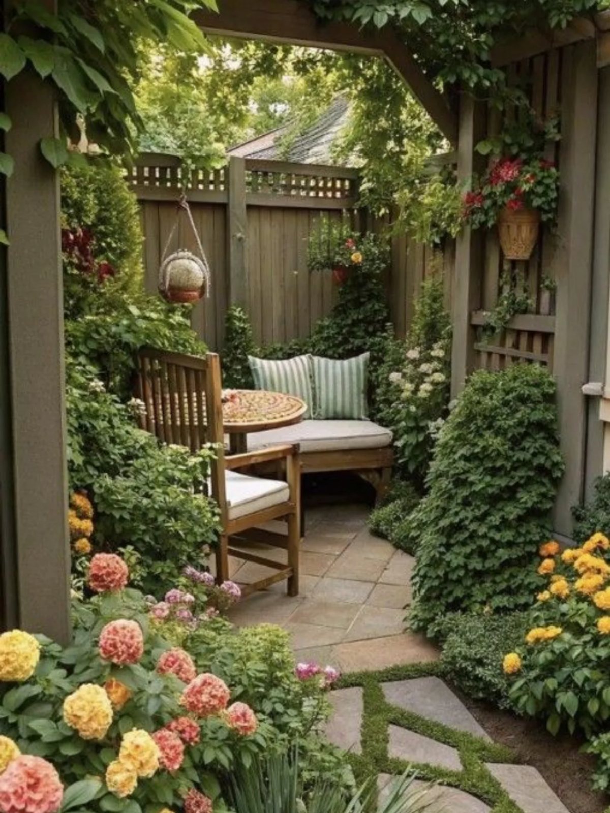 14 Cottage Garden Ideas for Color, Curves, and Country Charm 6 Wooden garden seating area with cushions and a small table surrounded by lush flowers and greenery.