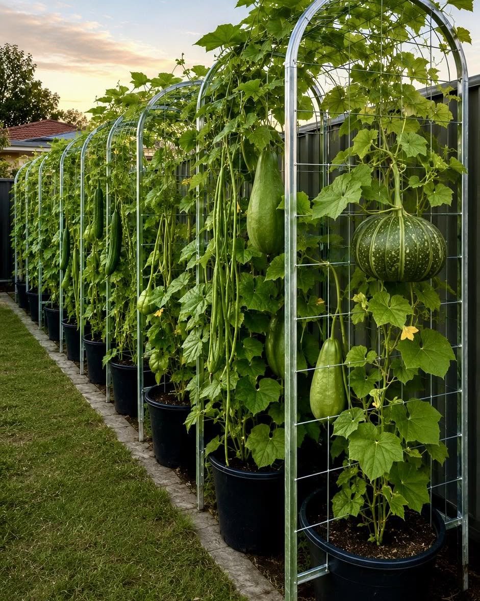 8 Cucumber Trellis Ideas for Small Beds and Big Harvests 4 Metal arch trellises with climbing green vines and heavy melons growing in black pots.
