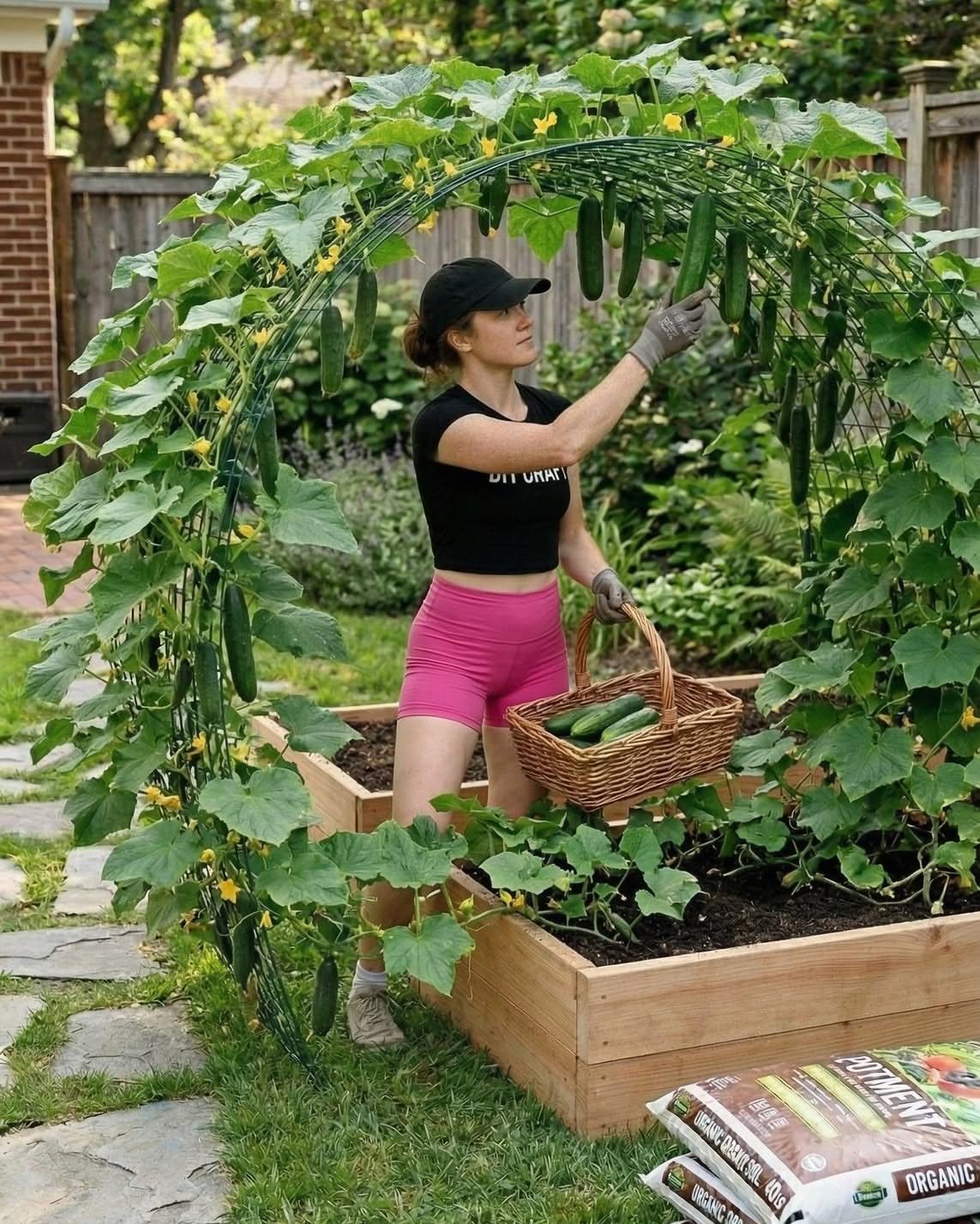 8 Cucumber Trellis Ideas for Small Beds and Big Harvests 2 A woman harvesting cucumbers from a large green wire cattle panel arch trellis in a garden.