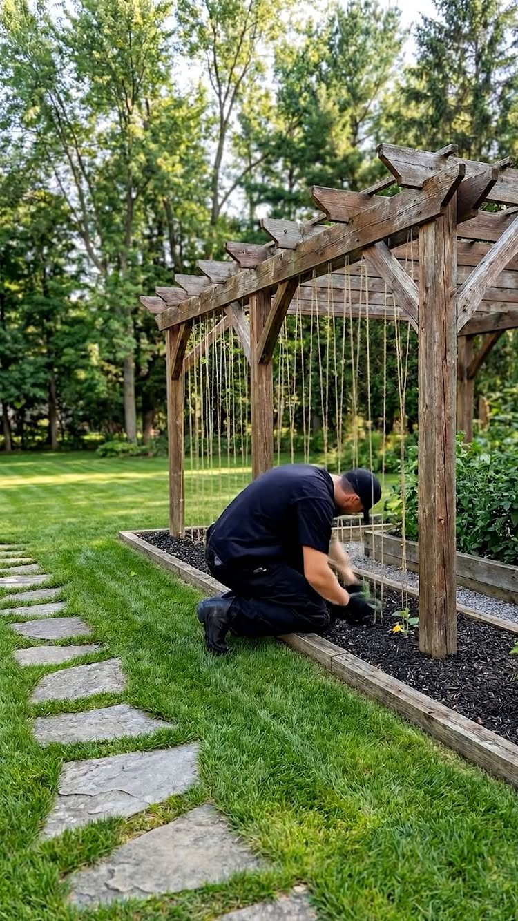 8 Cucumber Trellis Ideas for Small Beds and Big Harvests 5 A person kneeling in a garden bed next to a wooden pergola with hanging strings.