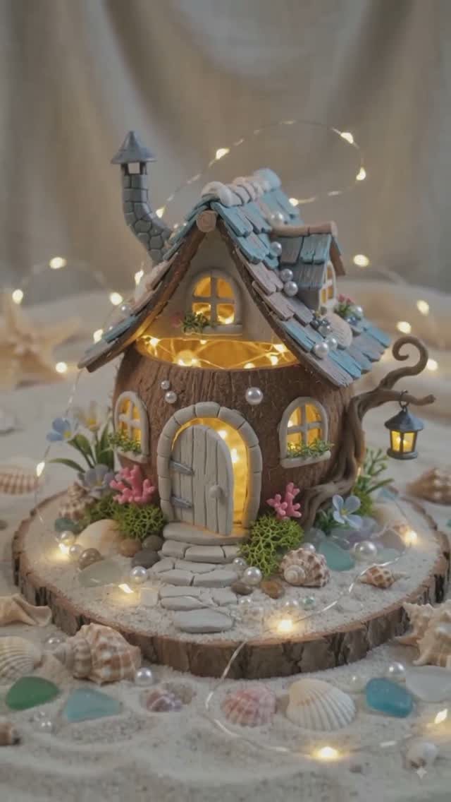13 Fairy Garden Ideas: Broken Pots to Teacup Worlds 7 A miniature fairy house decorated with seashells and lights on a sandy surface.
