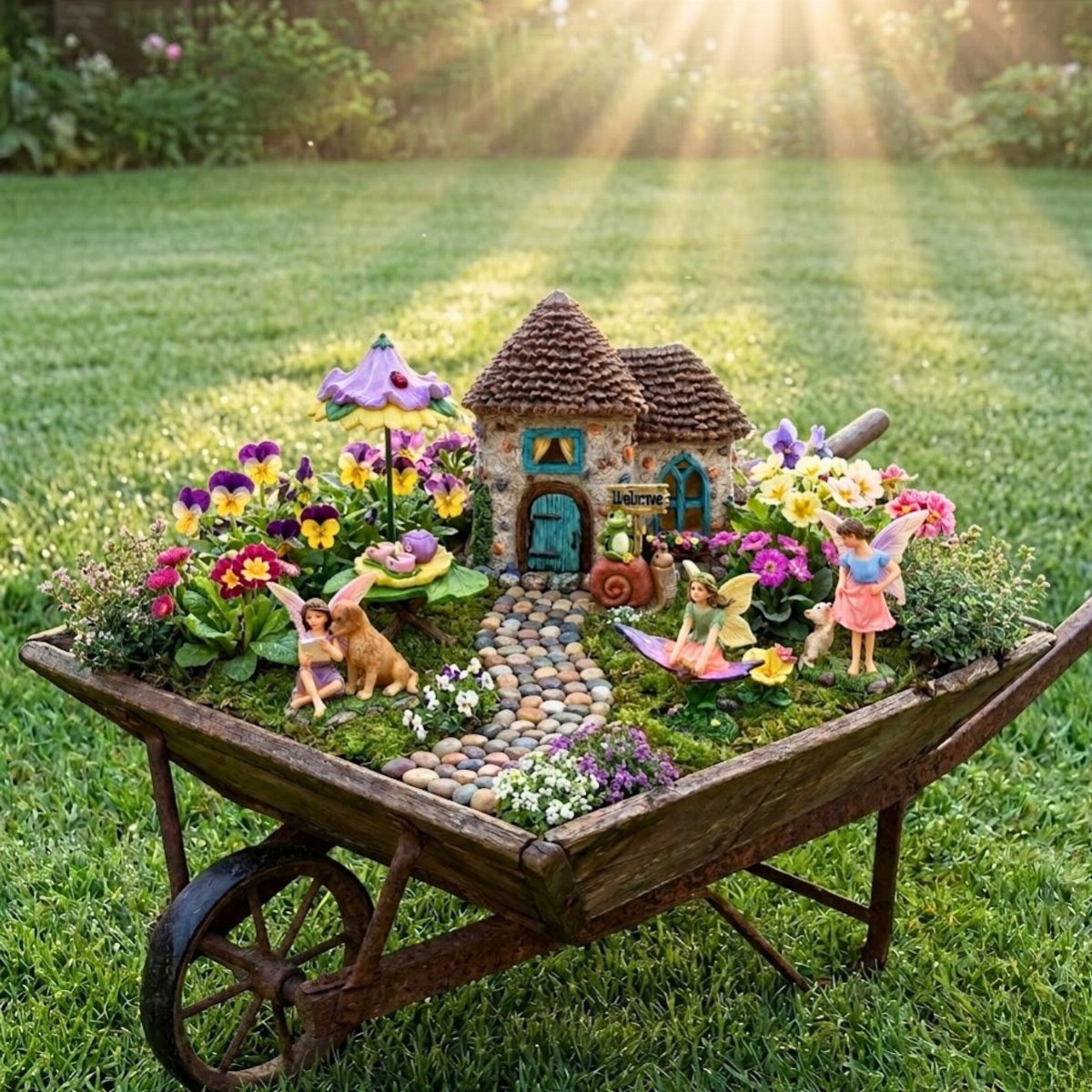 13 Fairy Garden Ideas: Broken Pots to Teacup Worlds 9 Miniature fairy garden with houses and figurines inside a rustic metal wheelbarrow on grass.