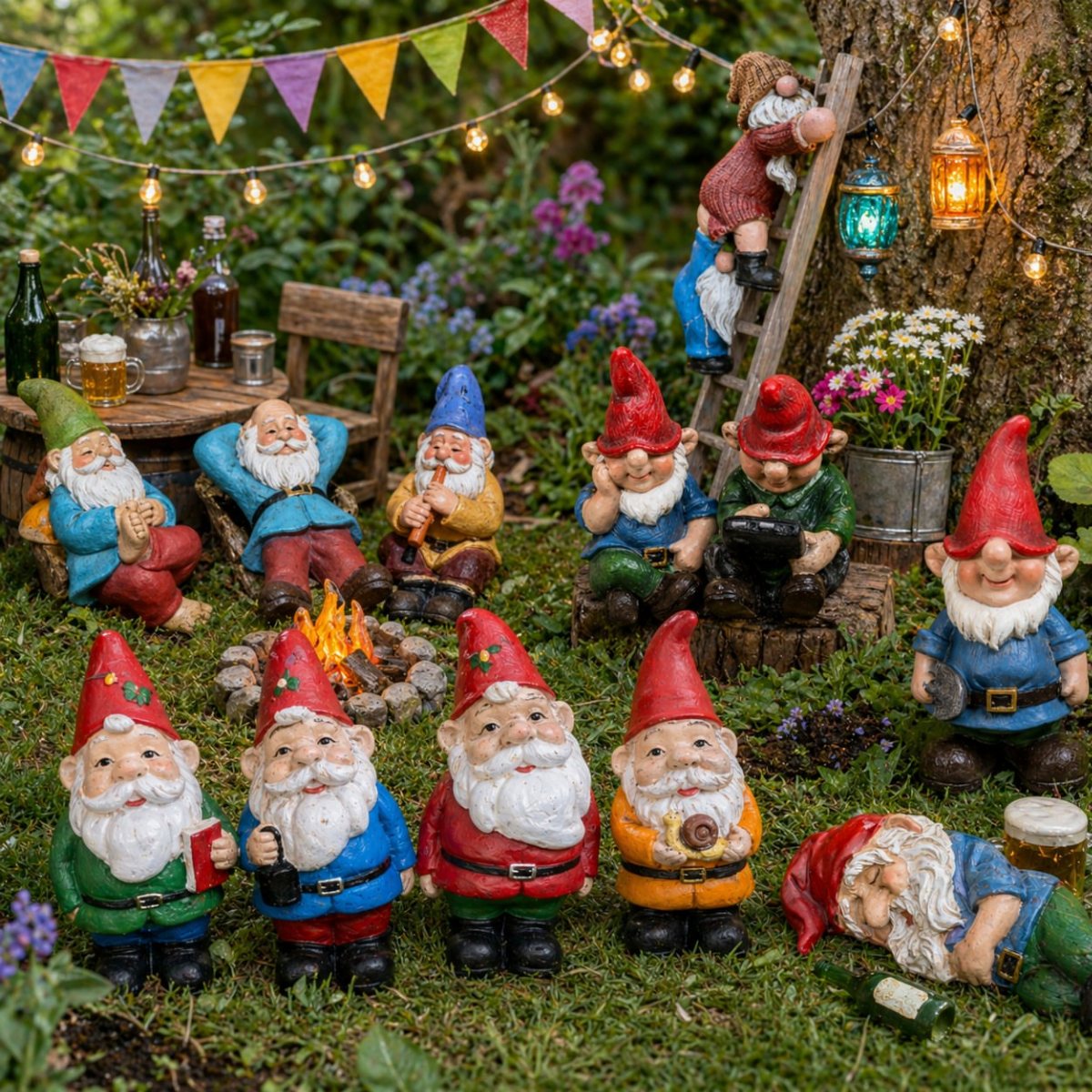 13 Fairy Garden Ideas: Broken Pots to Teacup Worlds 12 Multiple colorful garden gnome figurines arranged in a whimsical outdoor garden setting with lights.