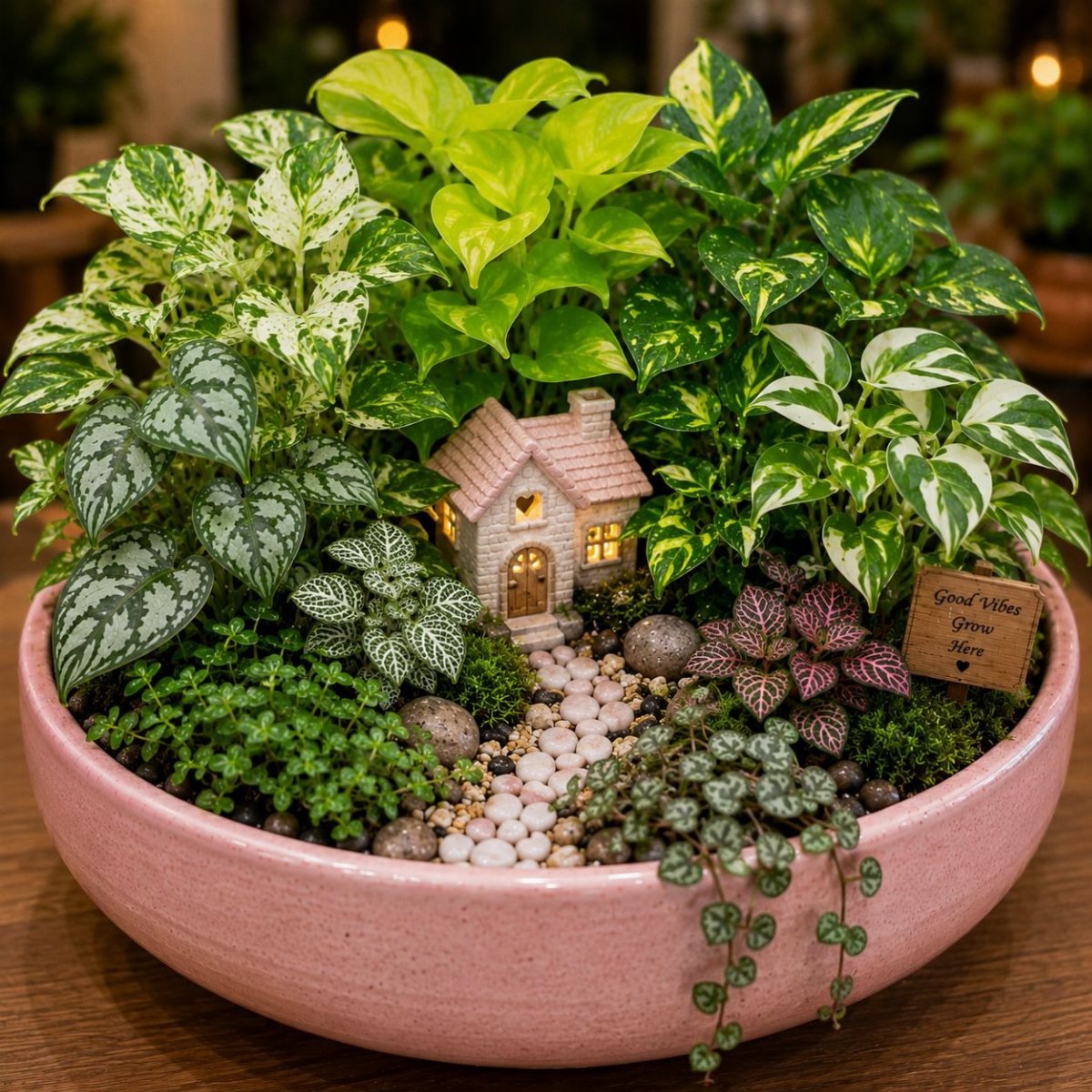 13 Fairy Garden Ideas: Broken Pots to Teacup Worlds 3 A pink ceramic bowl filled with miniature plants, a small cottage, and a pebble path.