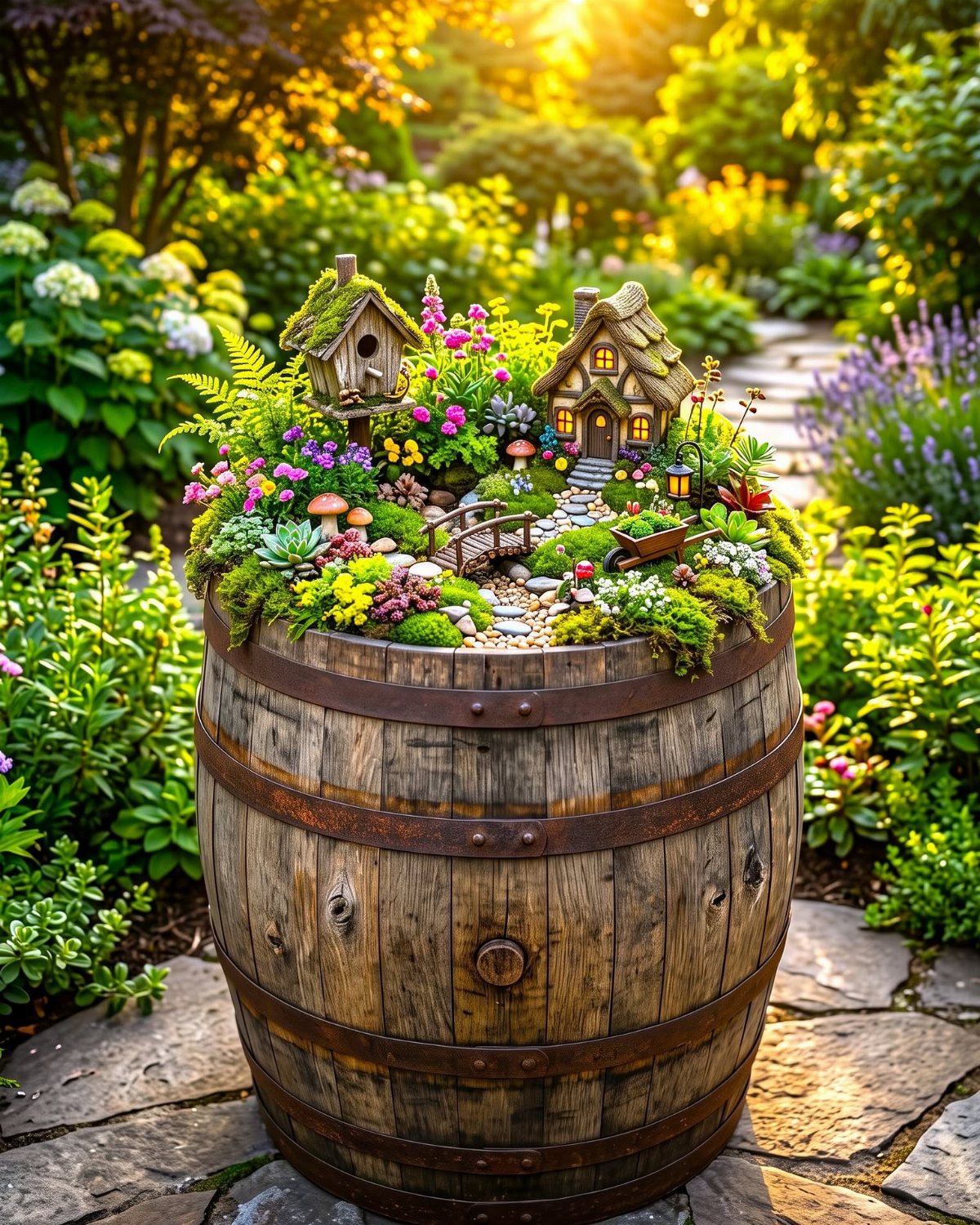 13 Fairy Garden Ideas: Broken Pots to Teacup Worlds 2 A miniature fairy garden with tiny houses and plants nestled inside a large wooden barrel.