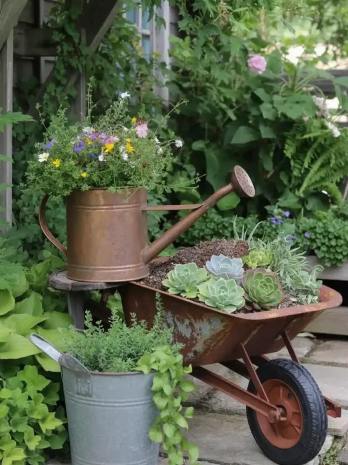 Fall Planter Ideas: 12 Container Combos for Color, Foliage and Texture 9 A rusty metal wheelbarrow filled with green succulents and a copper watering can with wildflowers.