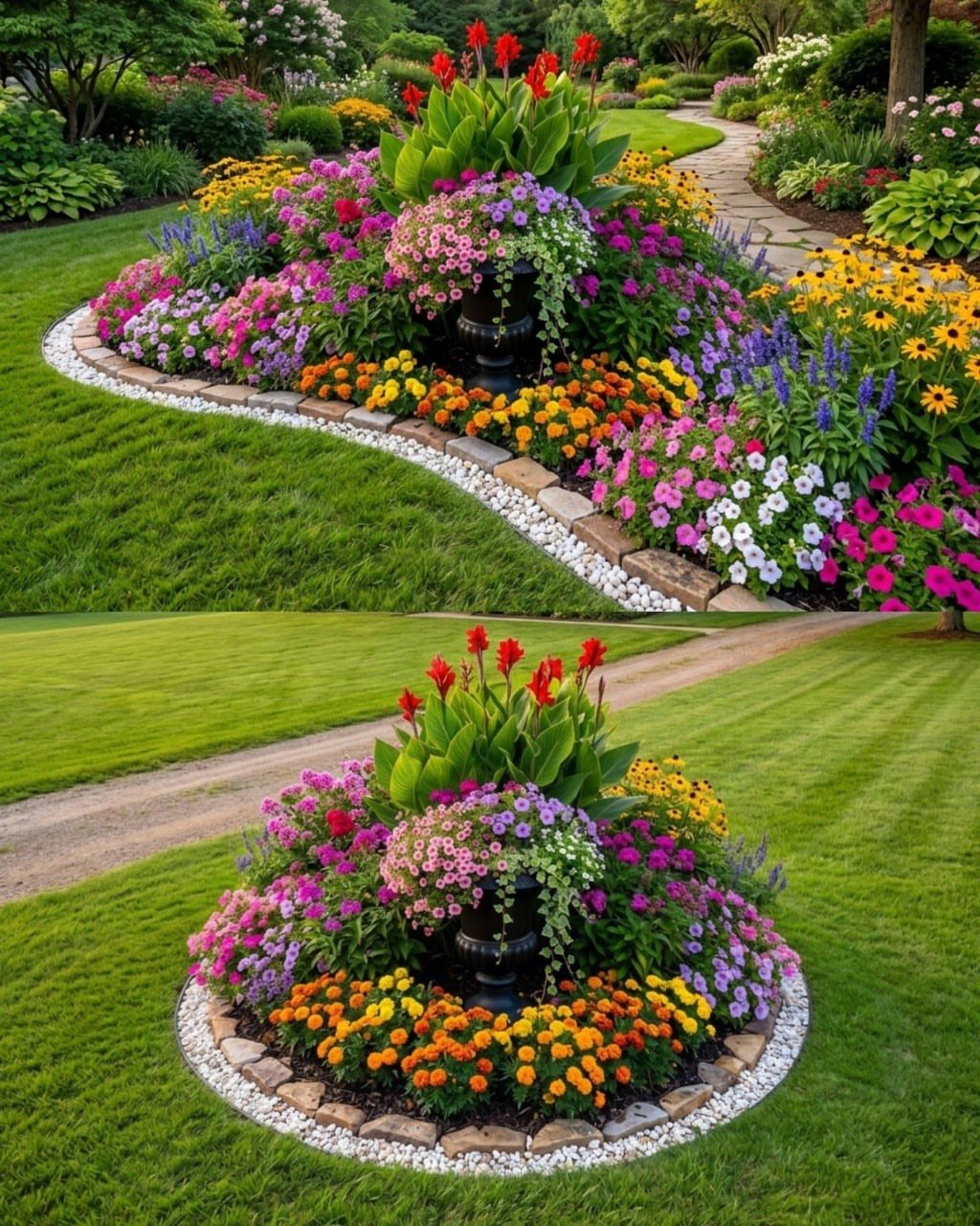 19 Flower Bed Ideas for Every Corner of the Yard 16 Vibrant multi-colored flower bed with white stone edging situated on a manicured green lawn.