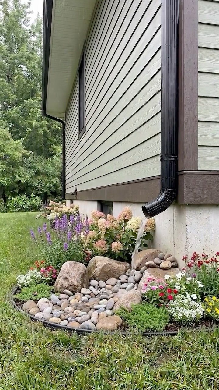 19 Flower Bed Ideas for Every Corner of the Yard 12 Flowering plants and river stones arranged in a garden bed beneath a house downspout.