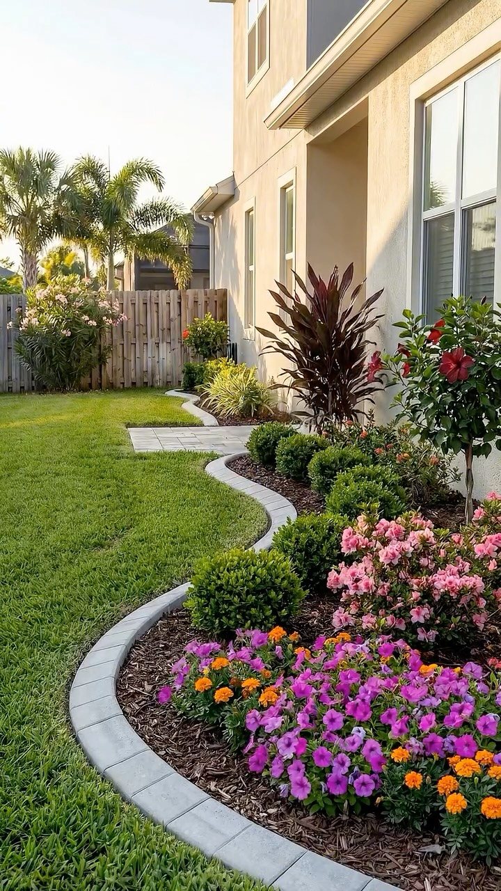 19 Flower Bed Ideas for Every Corner of the Yard 15 A curved garden bed with colorful flowers and green shrubs lined with grey stone edging.