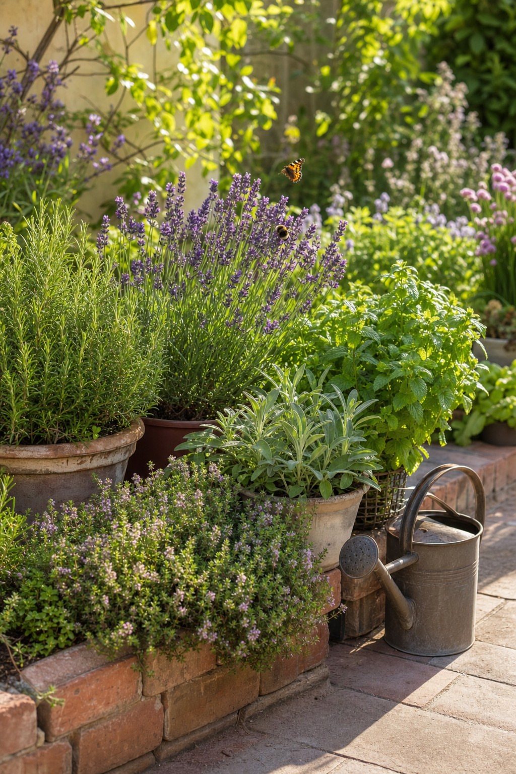 19 Flower Bed Ideas for Every Corner of the Yard 17 Green rosemary and purple lavender plants growing in terracotta pots on a sunny stone patio.