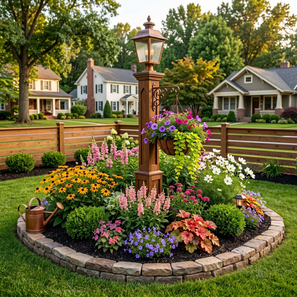 19 Flower Bed Ideas for Every Corner of the Yard 19 A circular stone-edged flower bed with layered plants of varying heights surrounding a wooden lamp post.