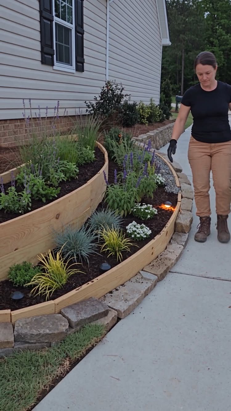 19 Flower Bed Ideas for Every Corner of the Yard 3 A woman tending to a multi-tiered wooden raised garden bed filled with various green plants and flowers.