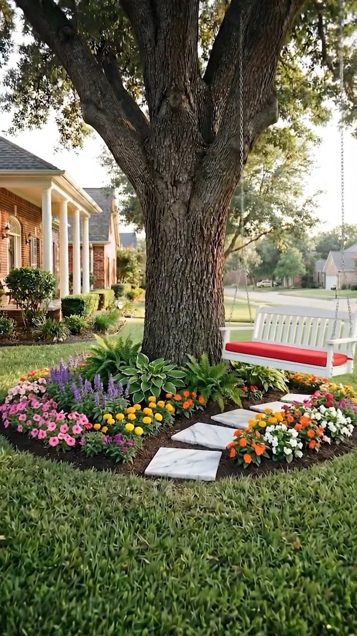19 Flower Bed Ideas for Every Corner of the Yard 1 Colorful flowers and stepping stones arranged in a circular bed around a large tree trunk.