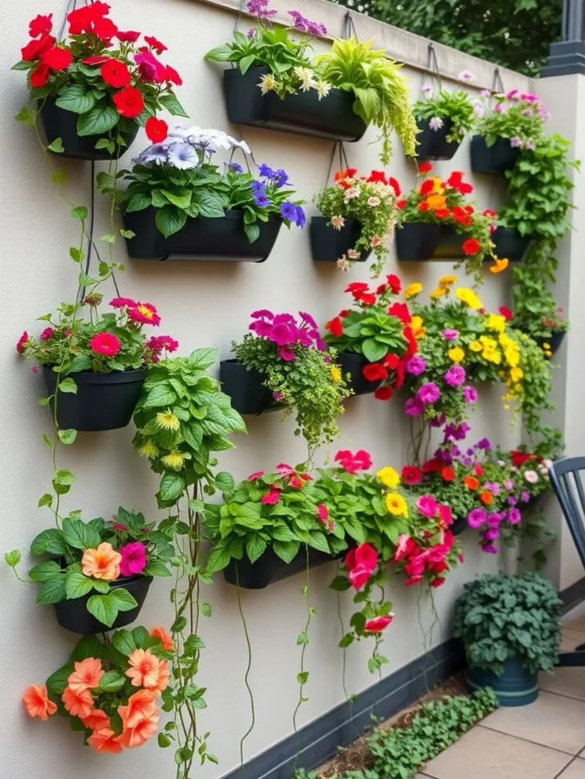 19 Flower Bed Ideas for Every Corner of the Yard 4 Colorful flowering plants growing in black planters mounted vertically on a light wall.