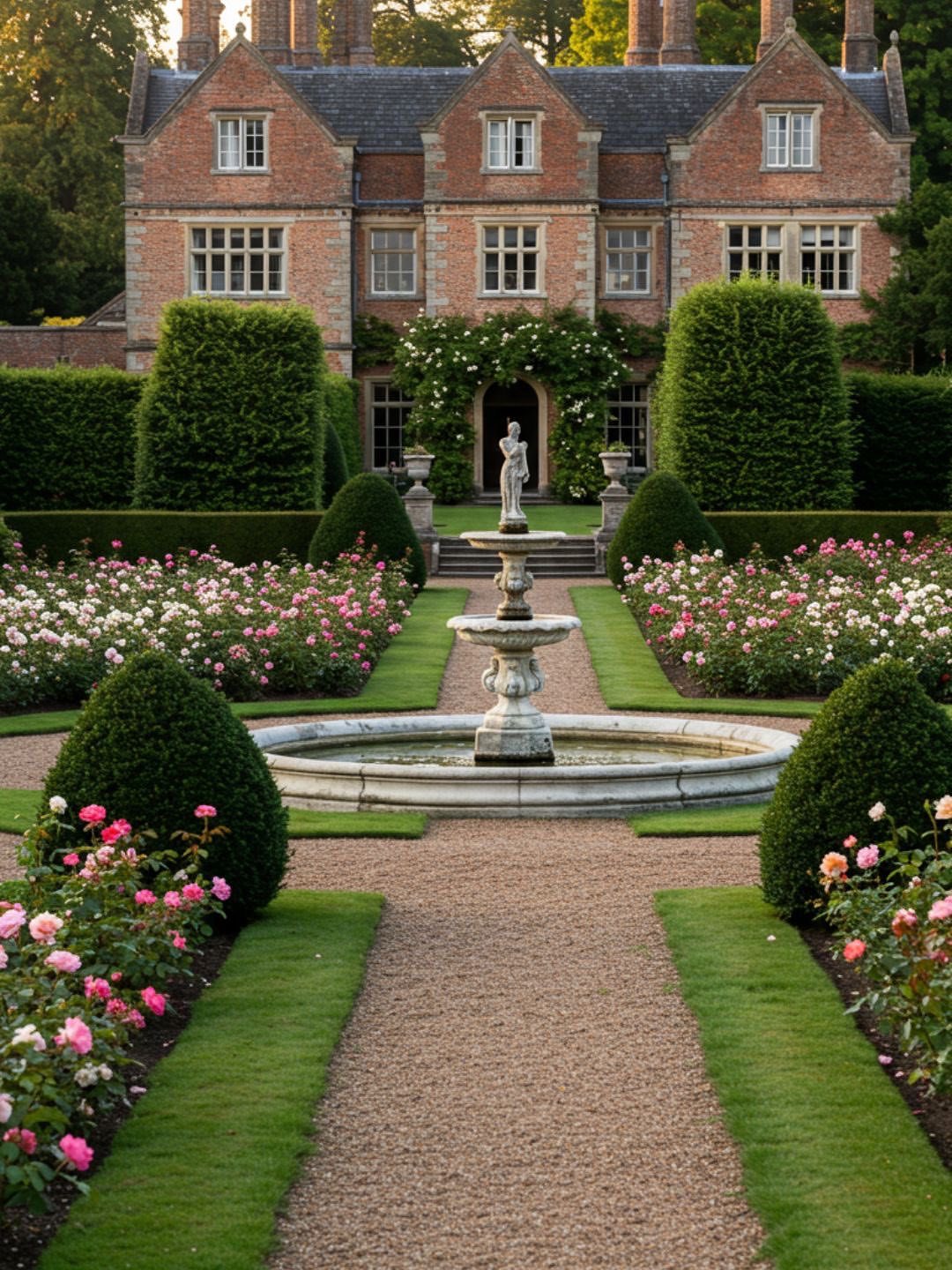 20 Flower Garden Ideas for Every Corner of Your Property 15 Symmetrical formal garden with a stone fountain, gravel paths, manicured hedges, and rose beds before a brick manor.