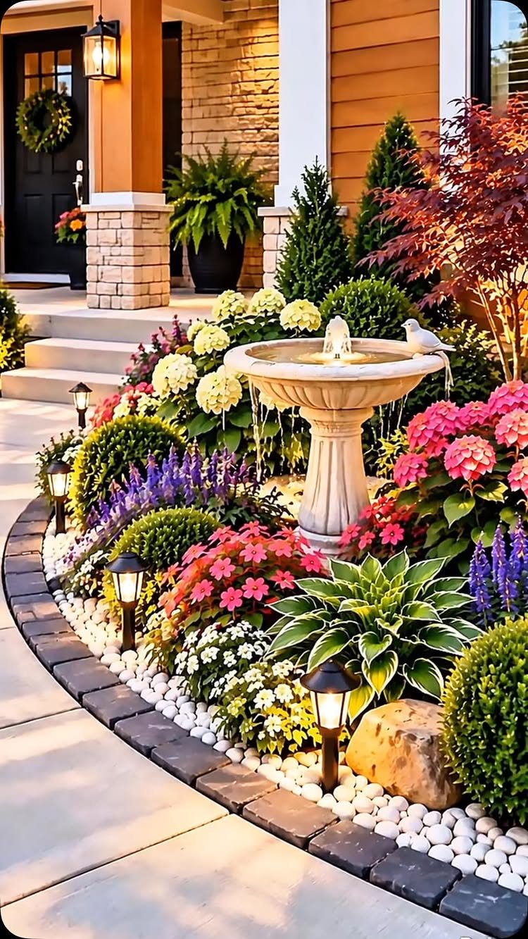 20 Flower Garden Ideas for Every Corner of Your Property 16 Colorful flowers and a stone birdbath fountain in a landscaped front yard garden bed.