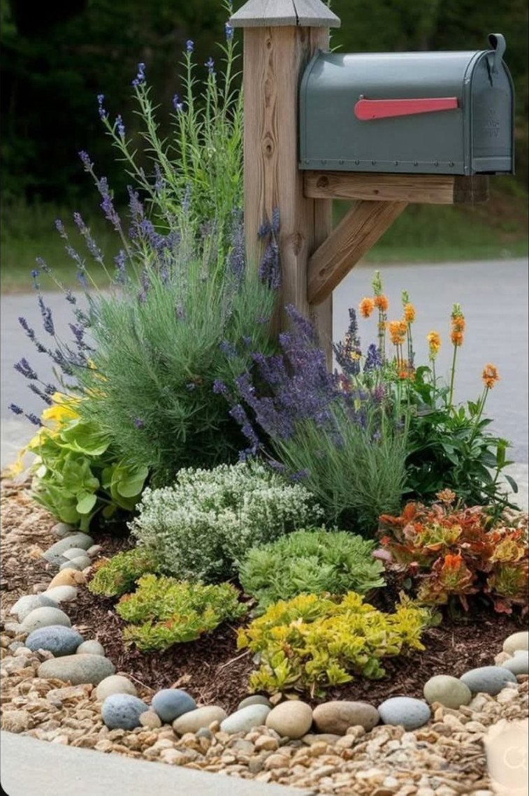 20 Flower Garden Ideas for Every Corner of Your Property 1 A colorful garden with lavender and succulents growing around a wooden mailbox post.