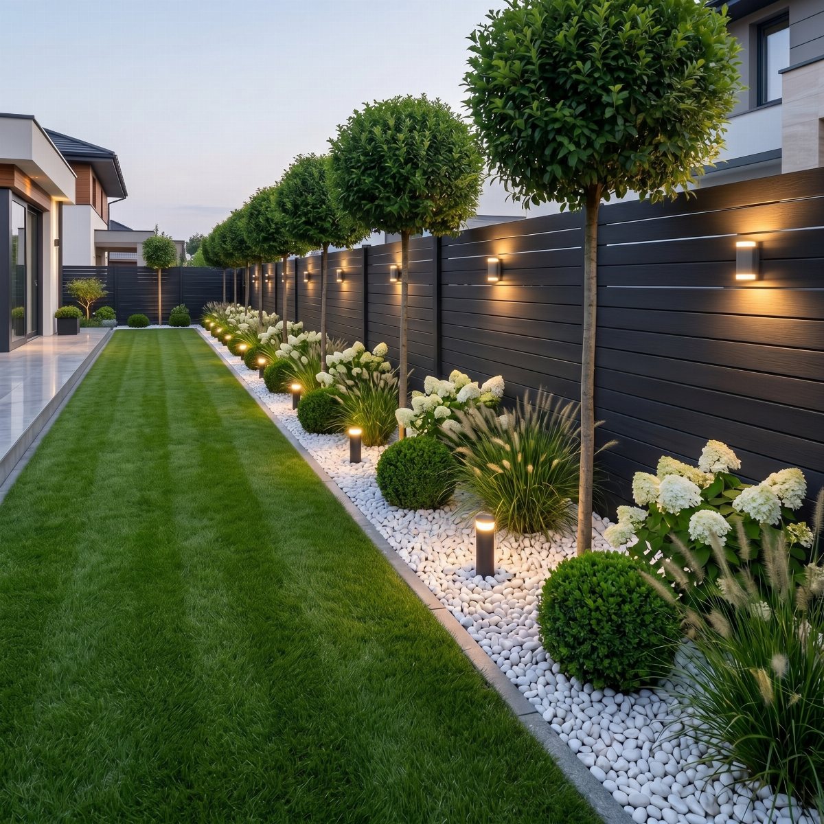 20 Flower Garden Ideas for Every Corner of Your Property 5 A narrow side yard with a green lawn, black fence, and a white pebble flower bed.