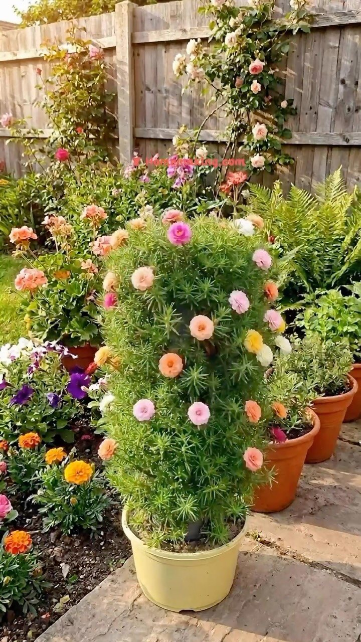 20 Flower Garden Ideas for Every Corner of Your Property 9 Tall green plant with pink and orange flowers growing in a yellow pot outdoors.