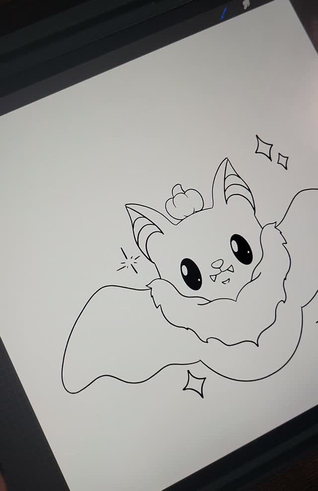 Bat Coloring Pages: 4 Creative Styles for Every Age 1 A cute cartoon bat line drawing displayed on a digital tablet screen.
