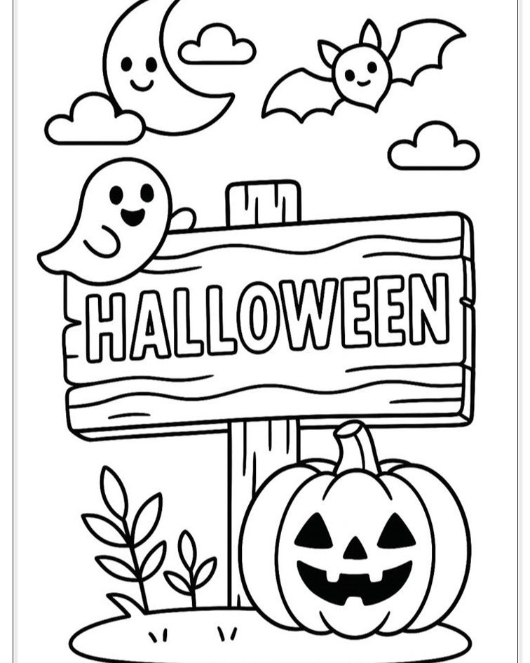 Bat Coloring Pages: 4 Creative Styles for Every Age 4 Black and white Halloween coloring page with a bat, ghost, moon, and pumpkin.