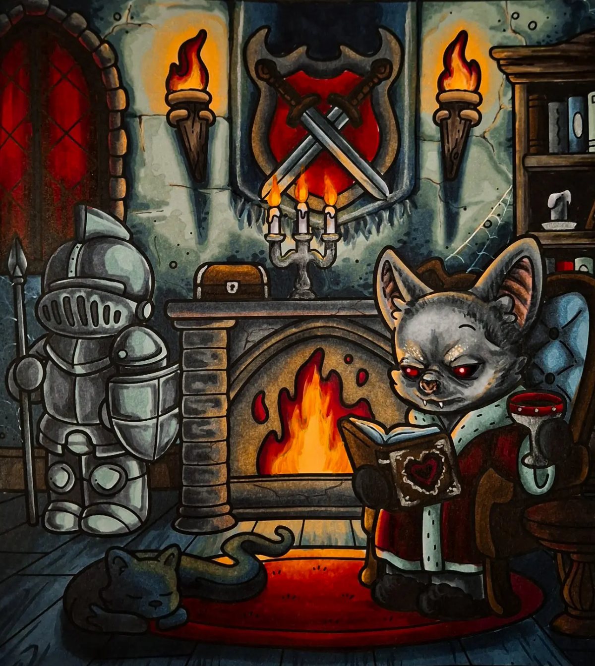 Bat Coloring Pages: 4 Creative Styles for Every Age 2 A cartoon vampire bat reading a book and holding a glass near a fireplace.