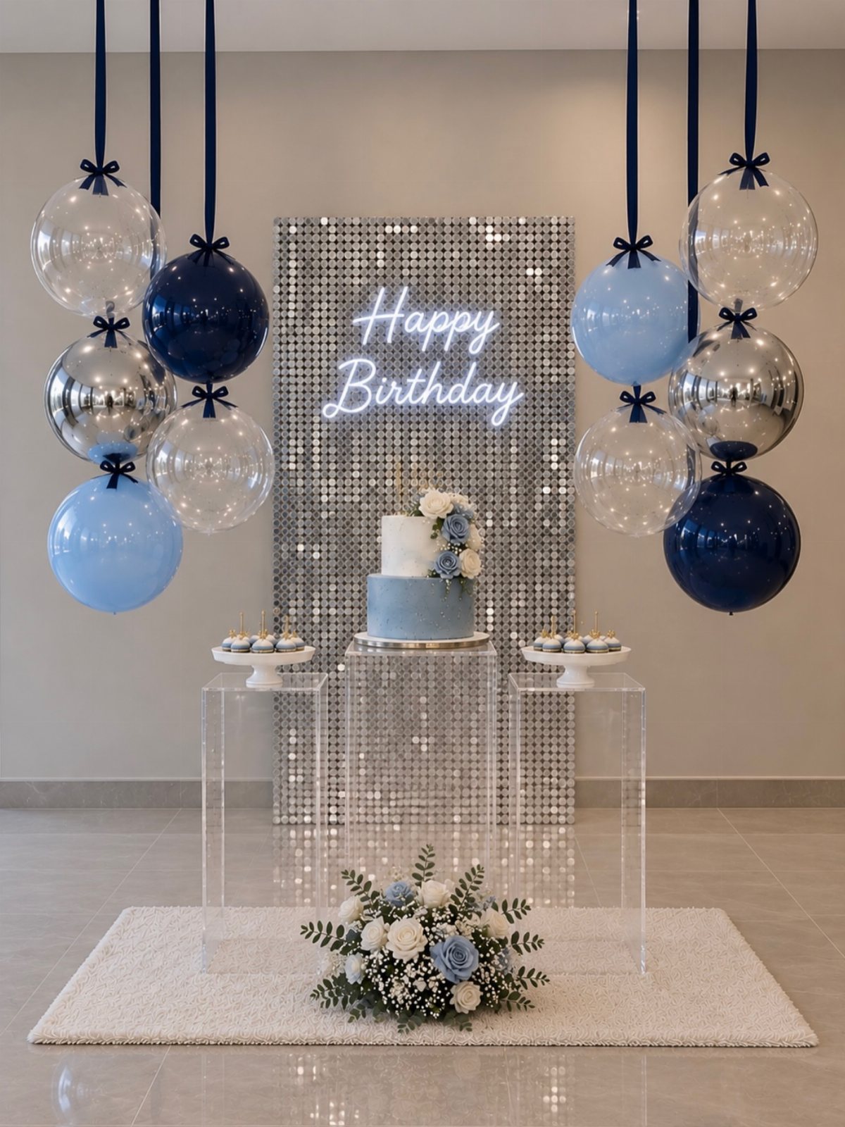 Blue and silver balloons hanging over a sequin backdrop with a birthday cake.