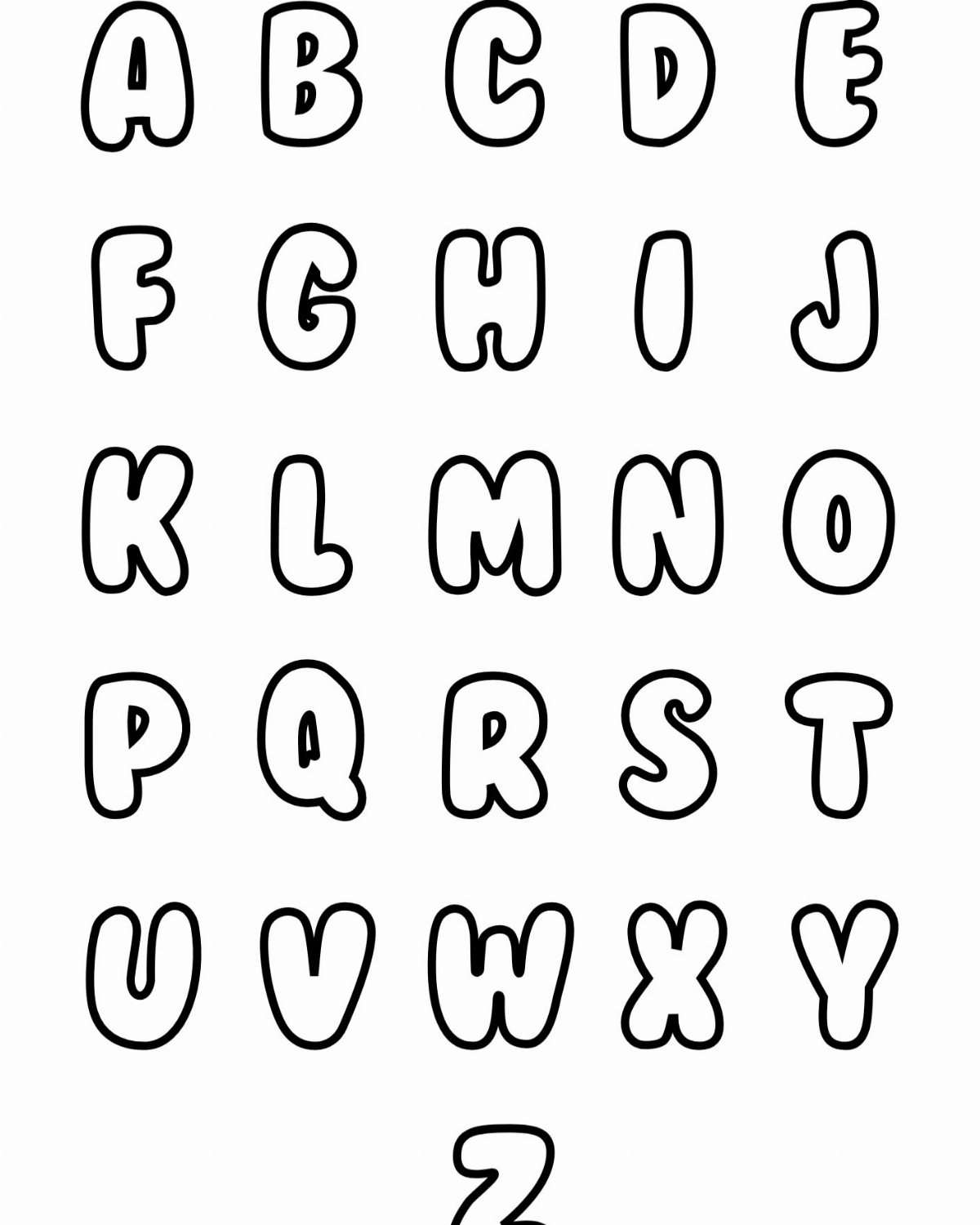 Black outlined bubble letters of the entire alphabet arranged in rows on a white background.