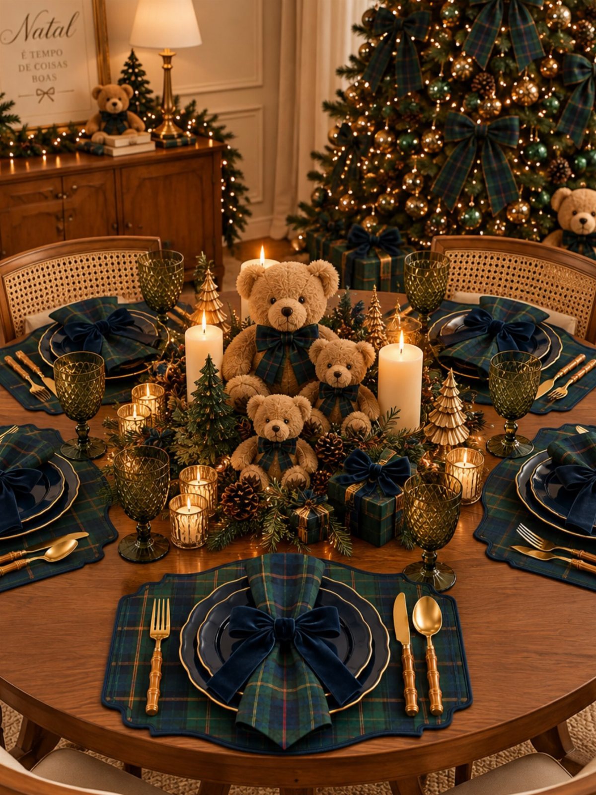 Christmas Table Place Setting Ideas: 16 Styles to Try 8 Teddy bears and lit candles arranged on a festive blue plaid Christmas table setting.