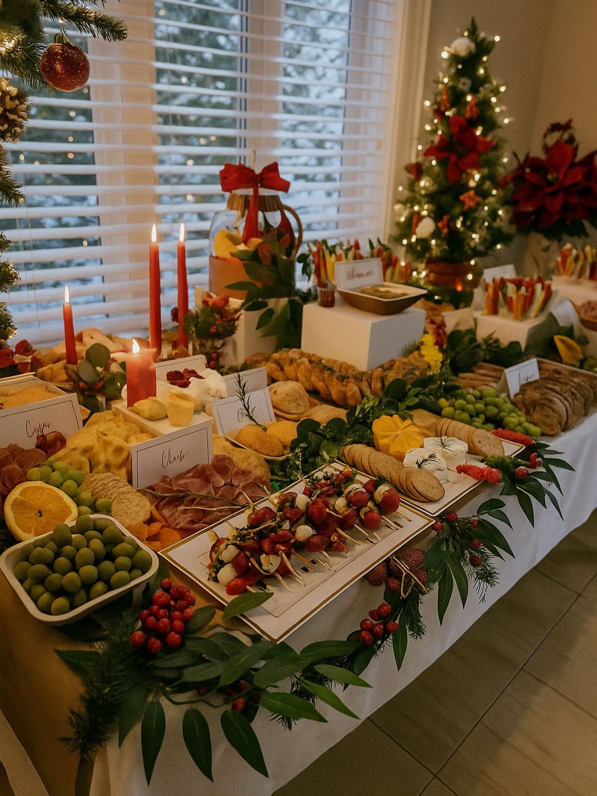 Christmas Table Place Setting Ideas: 16 Styles to Try 4 A festive Christmas buffet table filled with assorted cheeses, meats, olives, and decorative greenery.