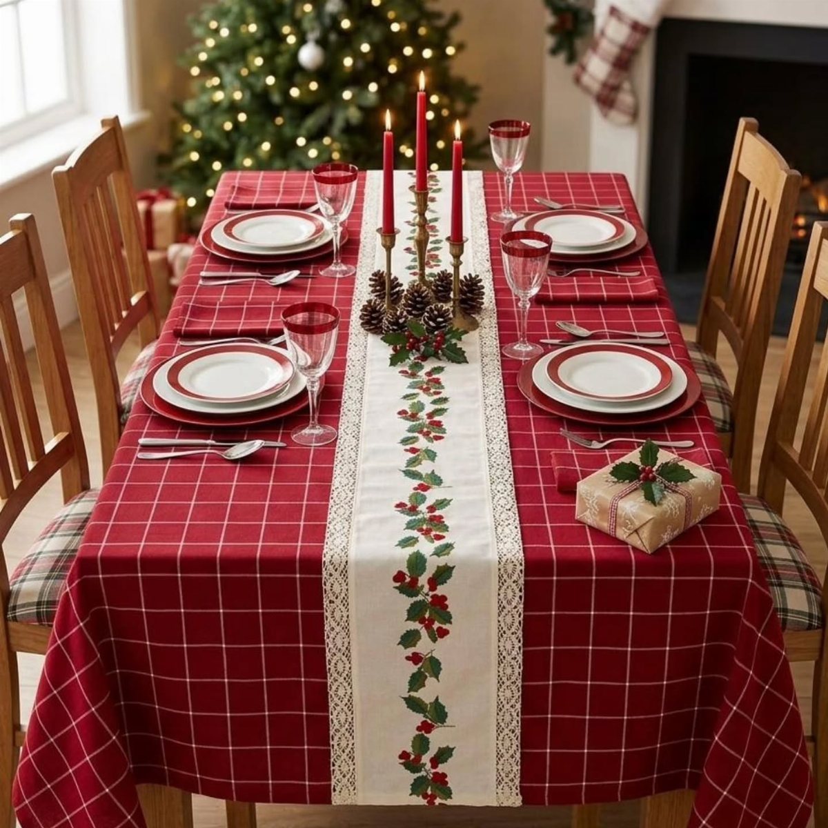 Christmas Table Place Setting Ideas: 16 Styles to Try 7 A festive Christmas dining table set with red plaid linens, white plates, and tall red candles.