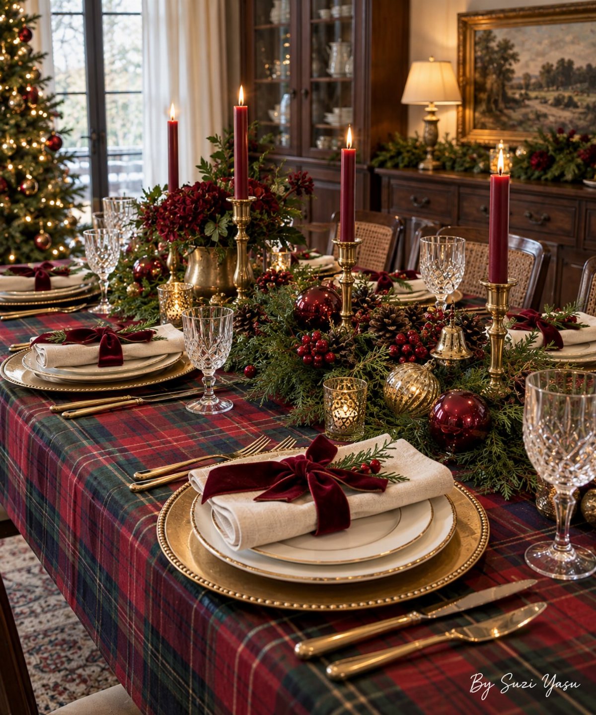 Christmas Tea Party Ideas: 9 Ways to Set the Table 4 Festive Christmas table setting with plaid tablecloth, gold plates, red candles, and evergreen centerpiece.
