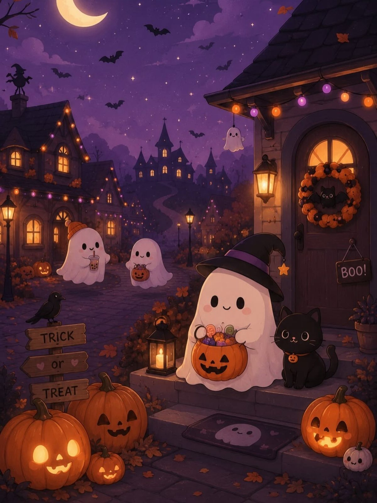 Small, smiling white ghosts wearing a witch hat and carrying pumpkins in a whimsical purple Halloween village.